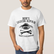 T - Shirt mit Saucer-Repair-Logo des schwarzen Bob