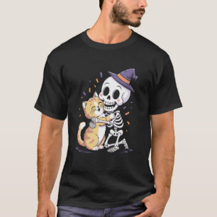 T-Shirt mit Skelett, das Katze umarmt, Vintage-Hal