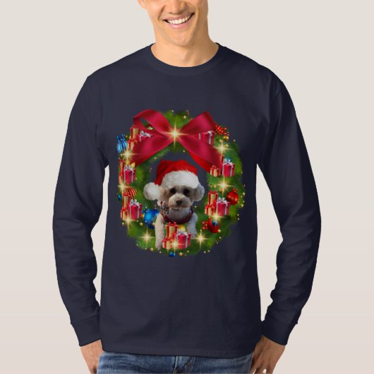 T-Shirt mit Weihnachtskranz und Pudel-Santa-Hut (Vorderseite)