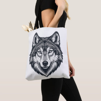 T-Shirt mit wildem Einzelwolf-Kopf-Motiv Tasche