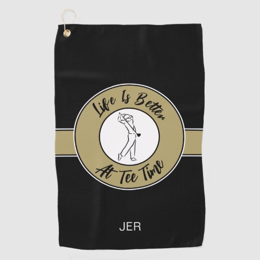 T-Shirt Time Golfer Spaß Sportmonogramm Schwarzes  Golfhandtuch (Vorderseite)