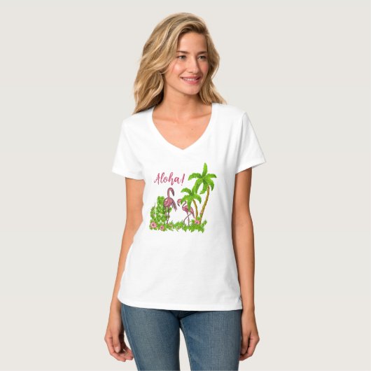 T - Shirt Tropischer Flamingos und Blume (Vorderseite Vollansicht)