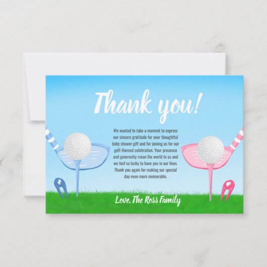 T-Shirt Up Blue oder Pink Golf Gender Reveal Baby Dankeskarte (Vorderseite)