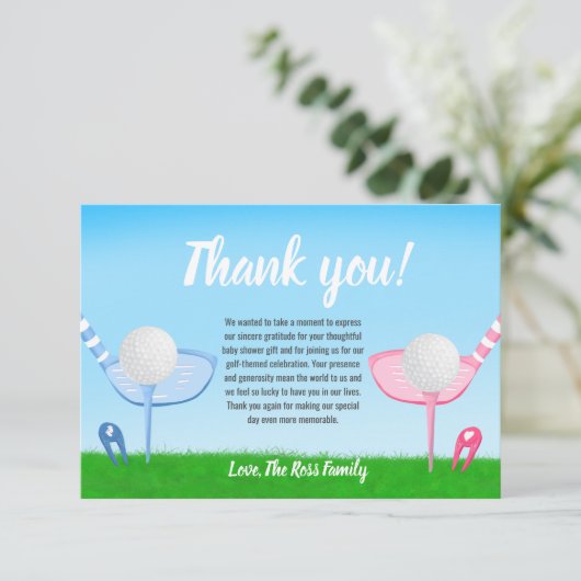 T-Shirt Up Blue oder Pink Golf Gender Reveal Baby Dankeskarte (Stehend Vorderseite)