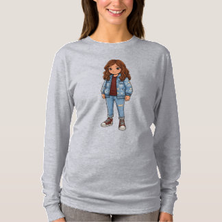 T-ShirtCute Curly Hair Girl in Denim Jacket Graphi T-Shirt