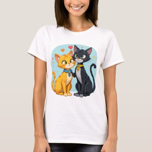 T-ShirtSchwarze Katze und Gelbe Katze in Liebe mit T-Shirt (Vorderseite)