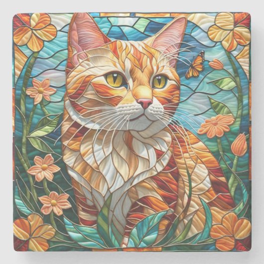 Tabby art stained glass cat colorful modern style steinuntersetzer (Vorderseite)