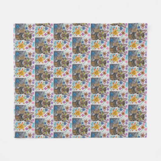 Tabby cat and flowers blanket  fleecedecke (Vorderseite (Horizontal))
