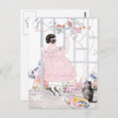 Tabby Cat and Girl by Trellis mit blühendem Wein Postkarte (Vorne/Hinten)