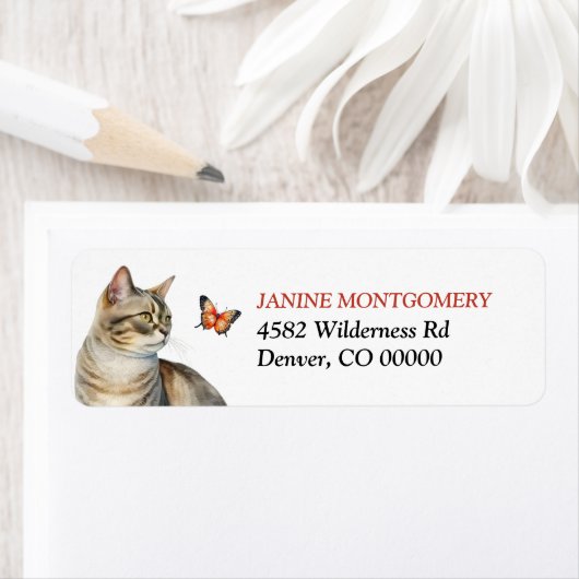 Tabby Cat and Monarch Butterfly Return Address (Insitu)