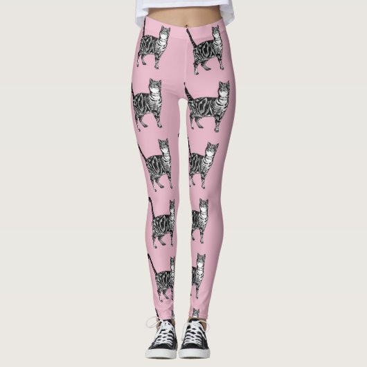 Tabby Cat Animal Black and Pink Leggings (Vorderseite)