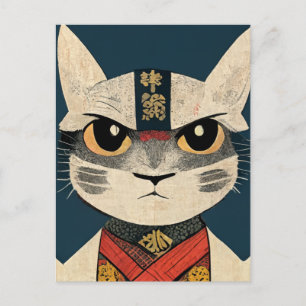 Tabby Cat as Nobunaga Oga in Japanese Wood Wall A Postkarte