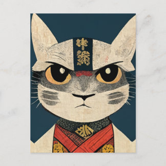 Tabby Cat as Nobunaga Oga in Japanese Wood Wall A Postkarte