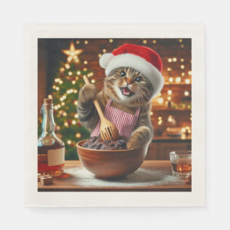Tabby cat baking boozy christmas pudding serviette
