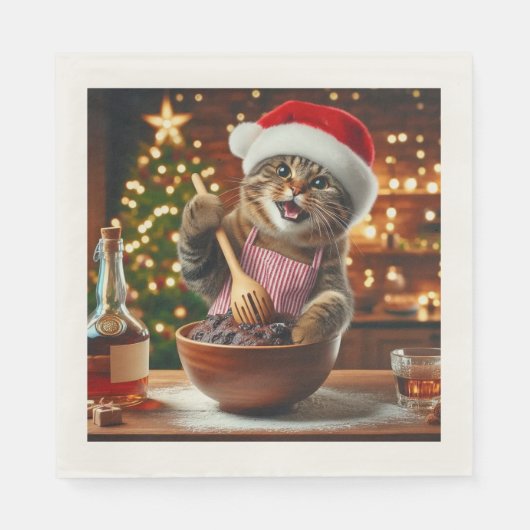 Tabby cat baking boozy christmas pudding serviette (Vorderseite)