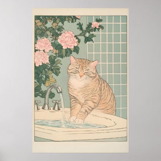 Tabby Cat Bathroom Print Ukiyo-e Japanese Wall Art Poster (Vorne)