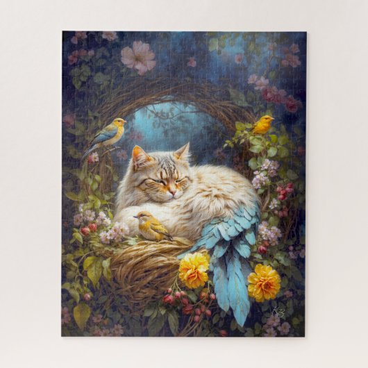 Tabby Cat-Bird Nesting with Three Birds Puzzle (Vertikal)