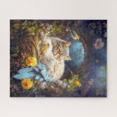 Tabby Cat-Bird Nesting with Three Birds Puzzle (Horizontal)