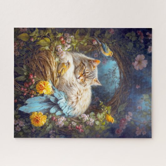 Tabby Cat-Bird Nesting with Three Birds Puzzle (Horizontal)