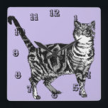 Tabby Cat Cats Animal Childs Kids pastel Purple Quadratische Wanduhr<br><div class="desc">Tabby Cat Cats Art Animal Childs Pastel Puple Room Decor Clock. Designed from my original ink drawing art.</div>