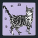 Tabby Cat Cats Animal Childs Kids pastel Purple Quadratische Wanduhr<br><div class="desc">Tabby Cat Cats Art Animal Childs Pastel Puple Room Decor Clock. Designed from my original ink drawing art.</div>