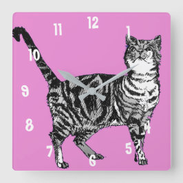 Tabby Cat Cats Art Animal Kinder Hot Pink Deco Quadratische Wanduhr