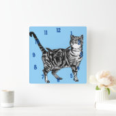 Tabby Cat Cats Art Animal Kinder Light Blue Quadratische Wanduhr (Zuhause)