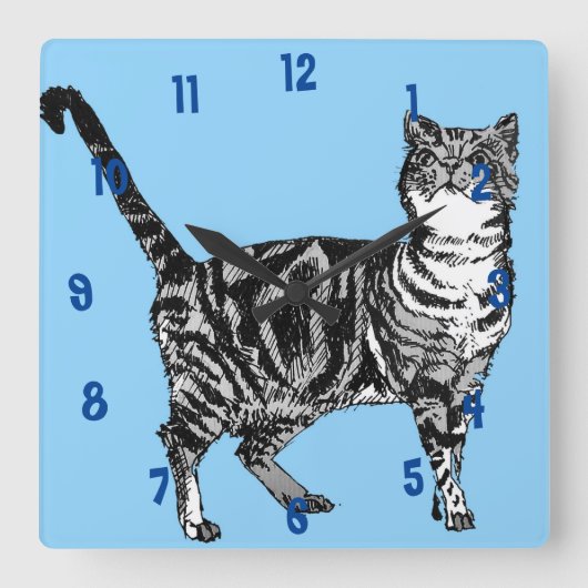 Tabby Cat Cats Art Animal Kinder Light Blue Quadratische Wanduhr (Vorderseite)