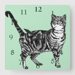 Tabby Cat Cats Art Tierminze Grüne Dekoration Quadratische Wanduhr