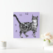 Tabby Cat Cats Art Tierpastel Lila Lavendel Quadratische Wanduhr (Zuhause)