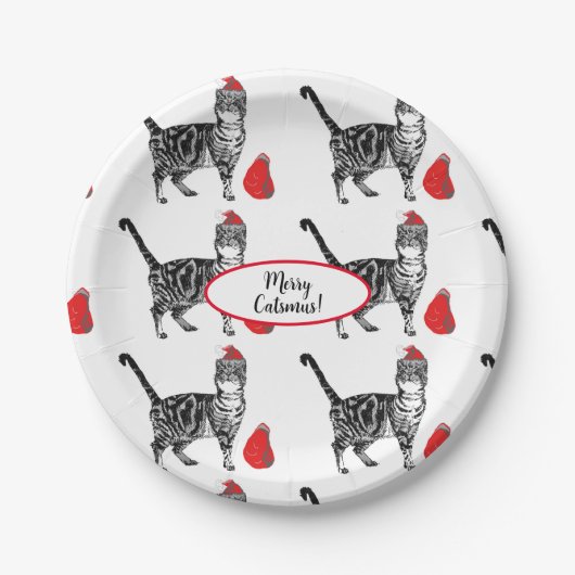 Tabby Cat Christmas Cats Red White Funny Pappteller (Vorderseite)