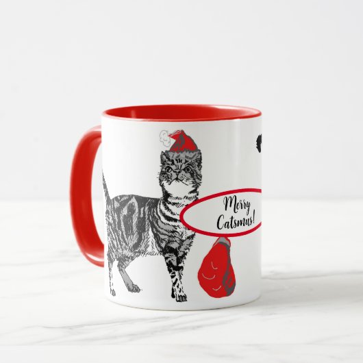 Tabby Cat Christmas Cats Red White Funny Tasse (Vorderseite Links)