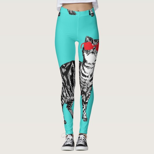 Tabby Cat Cool Animal Black and Aqua Leggings (Vorderseite)