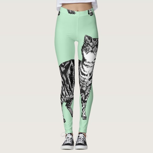 Tabby Cat Cool Animal Black & Mint Green Leggings (Vorderseite)