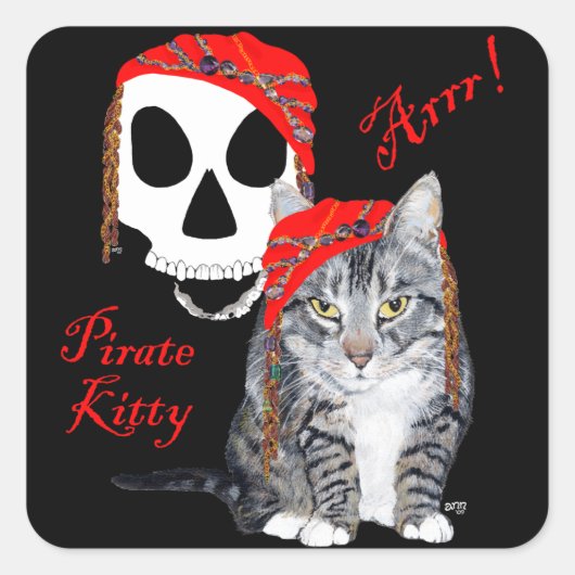 Tabby Cat Halloween Pirate Quadratischer Aufkleber (Vorderseite)