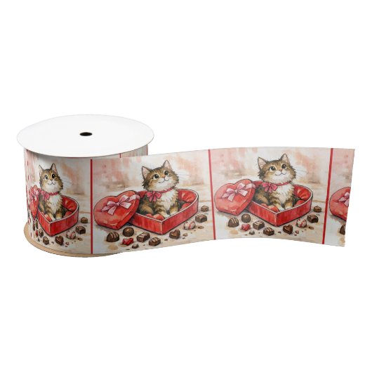 Tabby Cat In a Valentine Heart Candy Box Satinband (Spule)