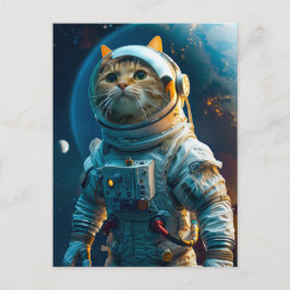 Tabby cat in astronaut suit near Earth Feiertagspostkarte