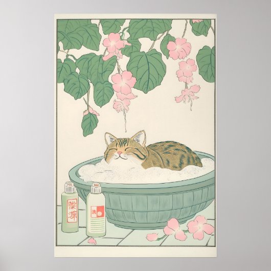 Tabby Cat in Bathtub Art Print Japanese Bathroom Poster (Vorne)