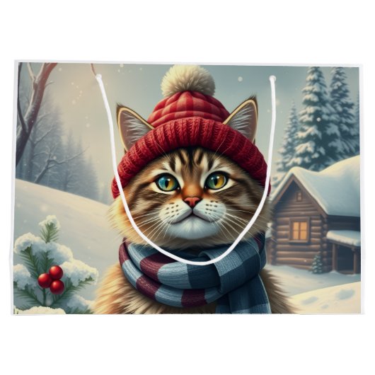 Tabby Cat in Preppy Winter Attraktion und Hat Wint Große Geschenktüte (Rückseite)
