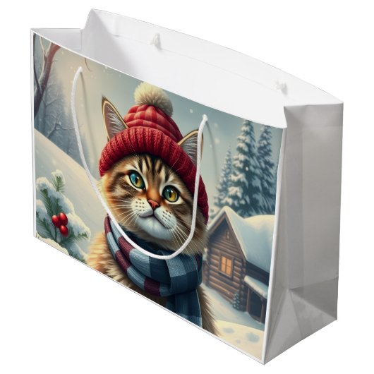 Tabby Cat in Preppy Winter Attraktion und Hat Wint Große Geschenktüte (Rückseite Schrägansicht)