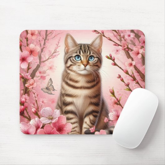 Tabby Cat Japanese Cherry Blossom Blume Kitten Mousepad (Mit Mouse)