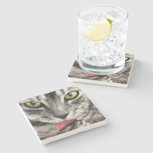 Tabby Cat Licking Paw Steinuntersetzer (Seitenansicht)