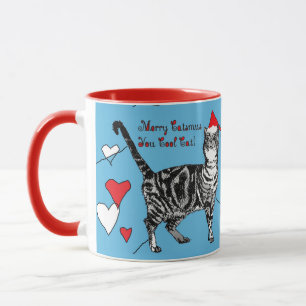 Tabby Cat Merry Blue Red Christmas Hearts Tasse