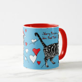 Tabby Cat Merry Blue Red Christmas Hearts Tasse (VorderseiteRechts)