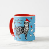 Tabby Cat Merry Blue Red Christmas Hearts Tasse (Vorderseite Links)
