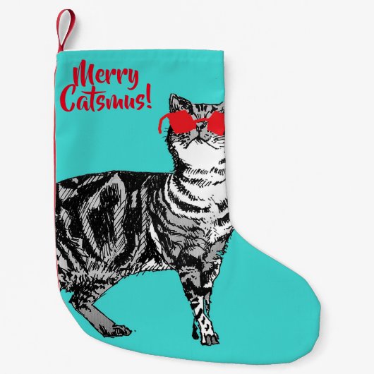 Tabby Cat Merry Catsmus Aqua Weihnachten Strumpf Kleiner Weihnachtsstrumpf (Vorderseite)