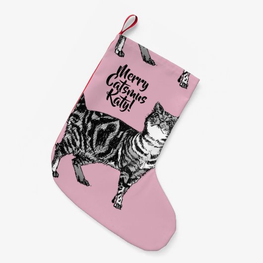 Tabby Cat Merry Catsmus Pink Christmas Stocking Kleiner Weihnachtsstrumpf (Vorderansicht (hängend))