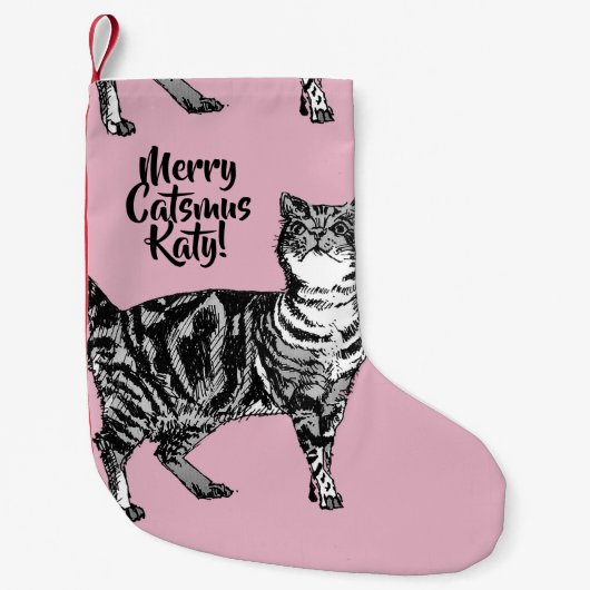 Tabby Cat Merry Catsmus Pink Christmas Stocking Kleiner Weihnachtsstrumpf (Vorderseite)