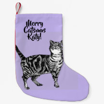 Tabby Cat Merry Catsmus Purple Christmas Stocking