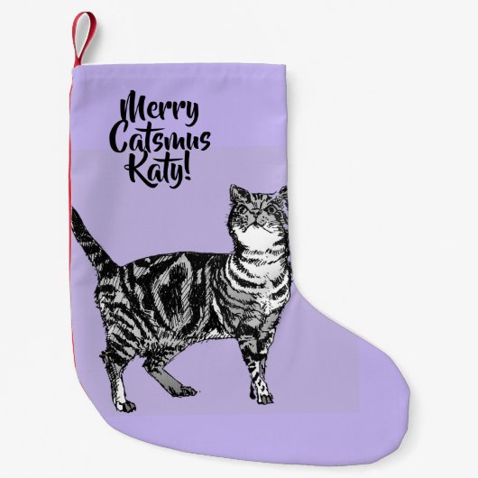 Tabby Cat Merry Catsmus Purple Christmas Stocking Kleiner Weihnachtsstrumpf (Vorderseite)